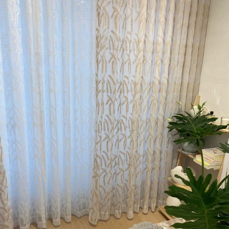 Screen Curtain Wheat Ear Embroidery White Window Screen Curtains for Living Room Bedroom French Window Balcony Floating Window