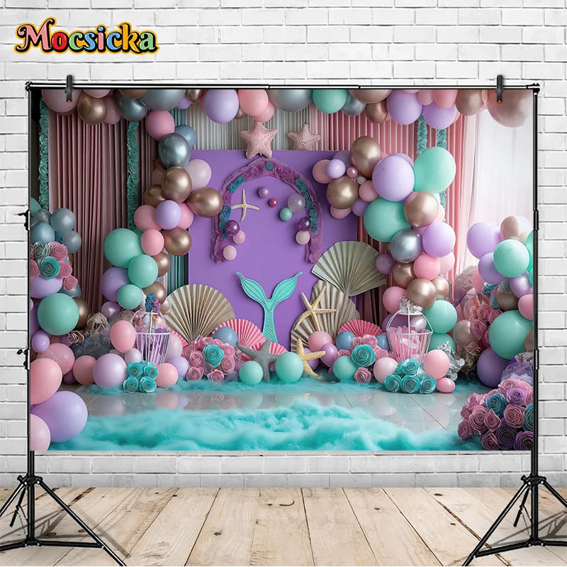 Mocsicka Baby Shower Photography Background Cute Mermaid Balloon Decoration Holiday Girl Princess Family Photo Backdrops Studio