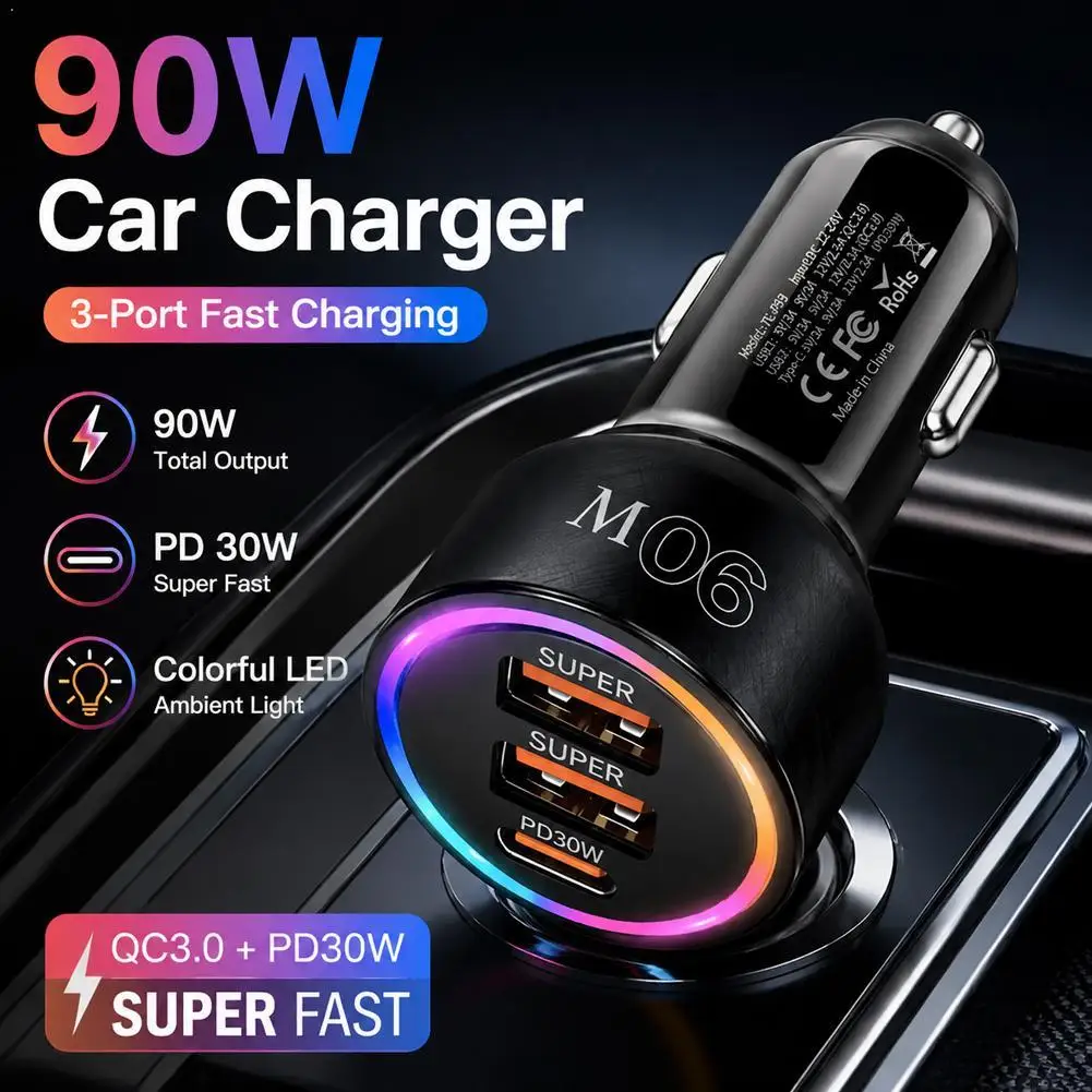 Fast Car Charger With Rainbow Light 90W Super Fast Charge For Multiple Devices PD30W QC3.0 Auto Vehicles Accessories