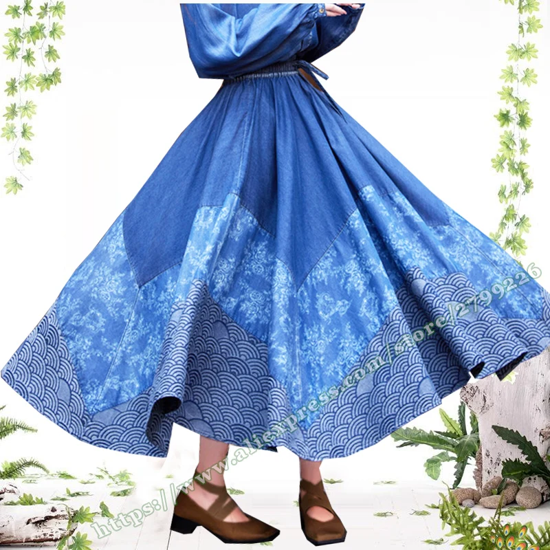 

2024 100% Cotton Retro Casual Large Hem Denim Patchwork Women's Long skirt , faldas largas elegantes elegant women's long skirt