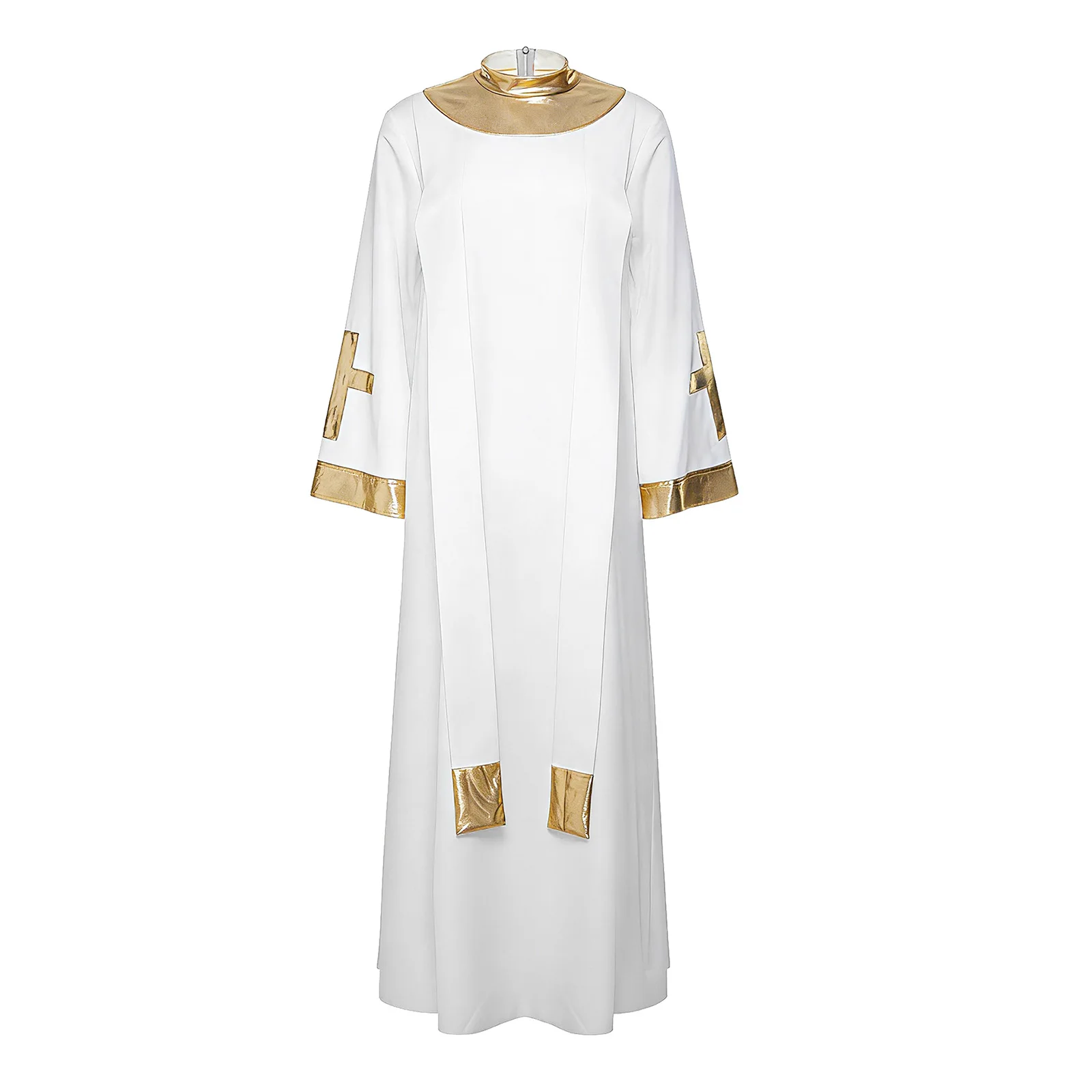 

Womens Church Choir Robe Mock Neck Flared Sleeve with Cross Detail Metallic Shiny Gown for Pastor Judge Robe Halloween Party