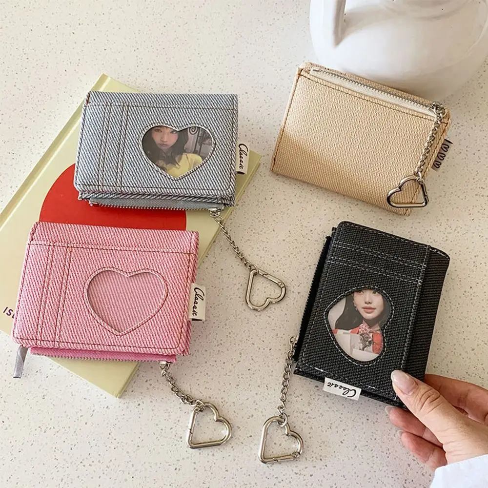 Gifts PU Short Wallet Heart Window Metal Chain Card Holder Wallet Snap Closure Bag Accessories
