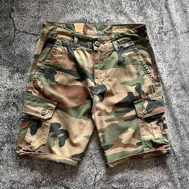 Summer Men's Retro Camouflage Print Pattern Shorts Cool Boy Wide Leg Vintage Casual Bottom Male High Waist Thin Mini Pants