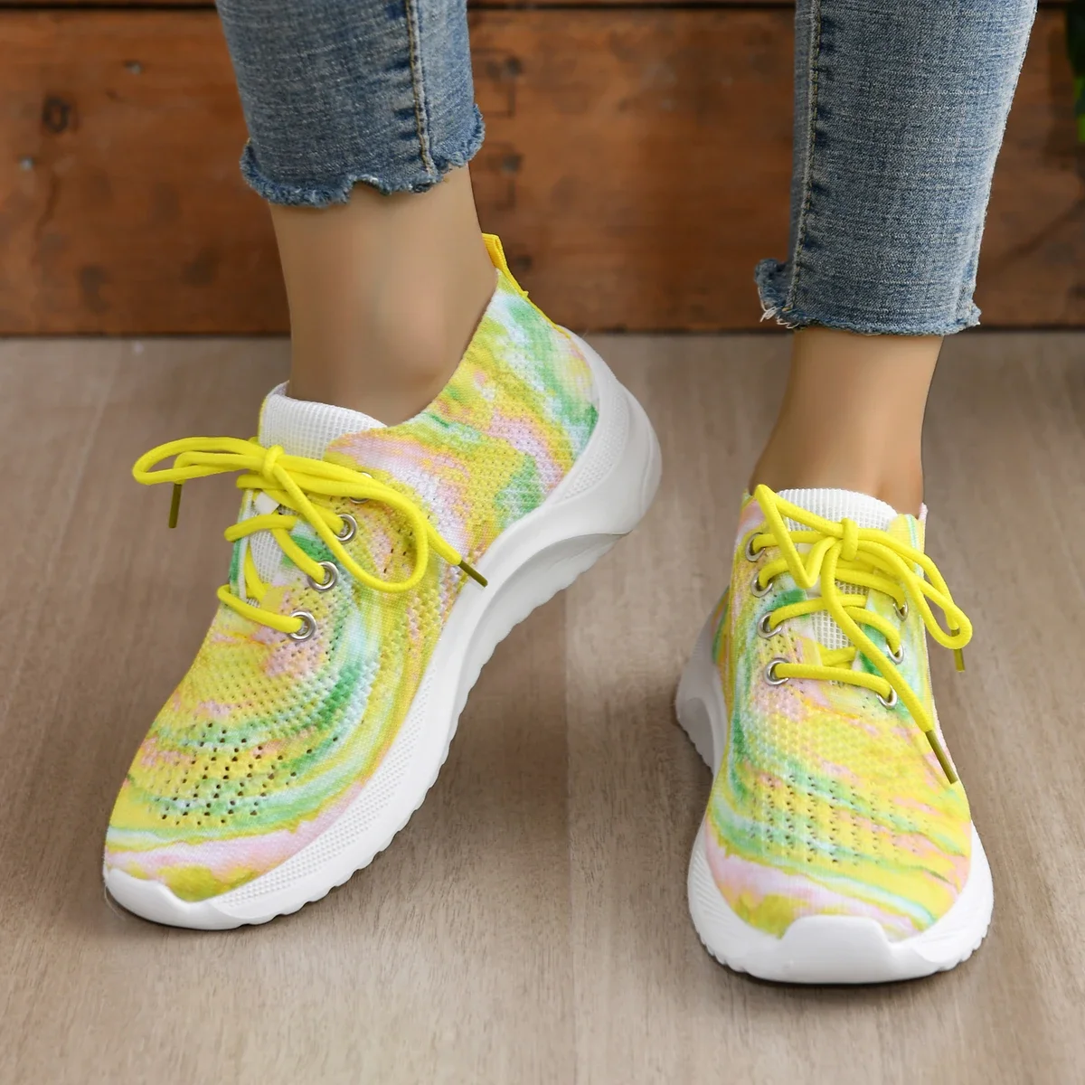 Fashion Rainbow Mesh Platform Sneakers for Women Summer Non Slip Knitting Tennis Shoes Woman Lace Up Casual Walking Trainers