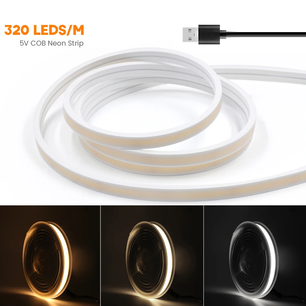 

5V USB Neon LED Strip Light COB LED Strip 320LEDs/M Waterproof LED Neon Rope Light for Bedroom Cabinet Kitchen Linear Lighting