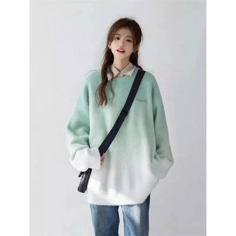 Mink-like Loose Round Neck Color Matching Sweater Female Loose  Wind Japanese Retro Gradient Sweater Round Neck Pullover Sweater