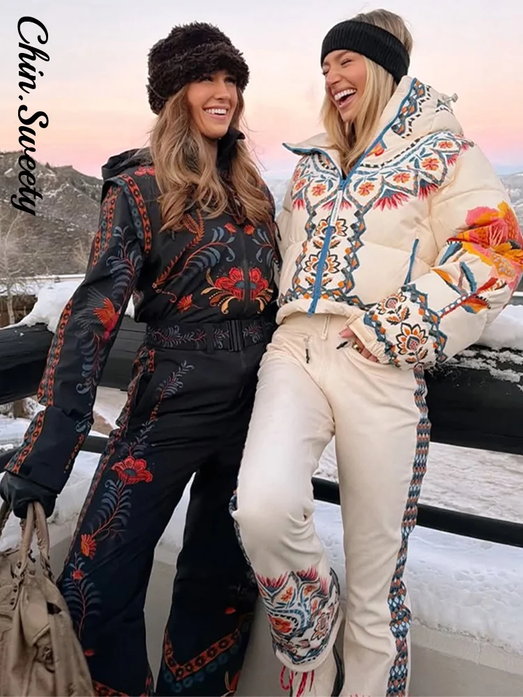 Flower Printed Women's Ski Jumpsuits Zippers Stand Collar Waist-closed Pocket Lady Rompers 2026 Autumn Winter Female Ski Wear