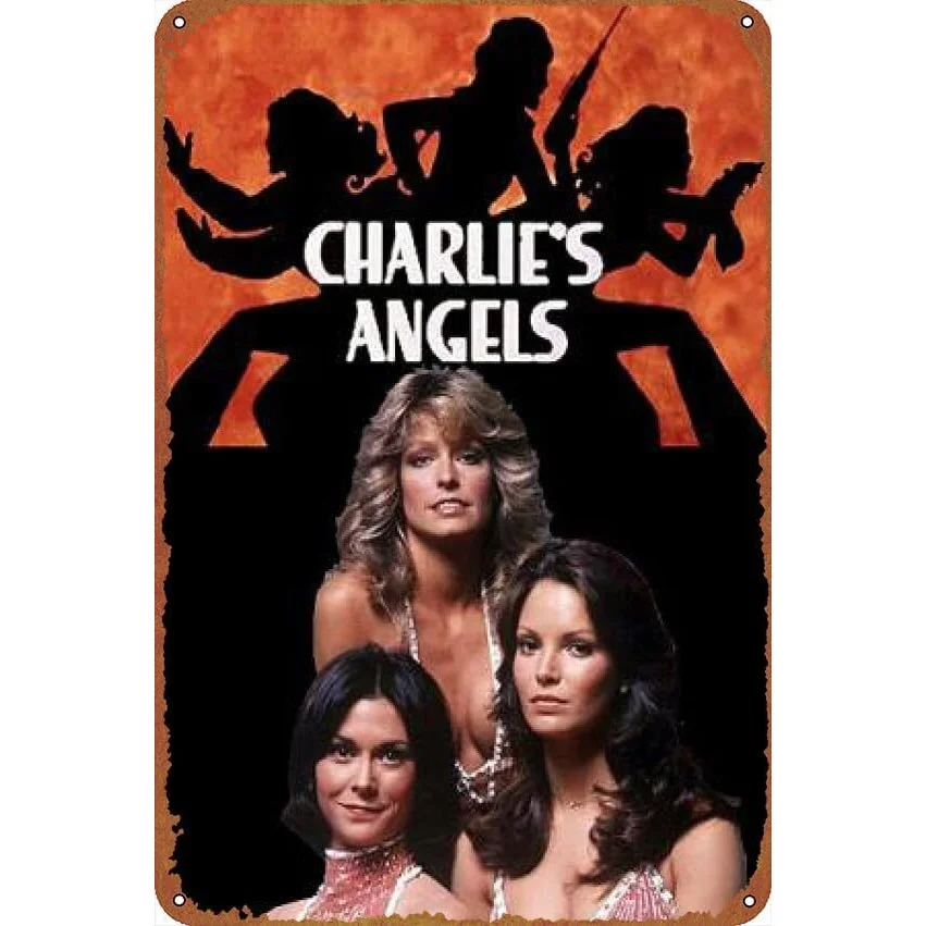 Sinal de lata de metal dos Anjos de Charlie - Pôster retrô de programa de TV dos anos 70 com Farrah Fawcett, Kate Jackson e Jaclyn - Arte de parede de ferro durável para