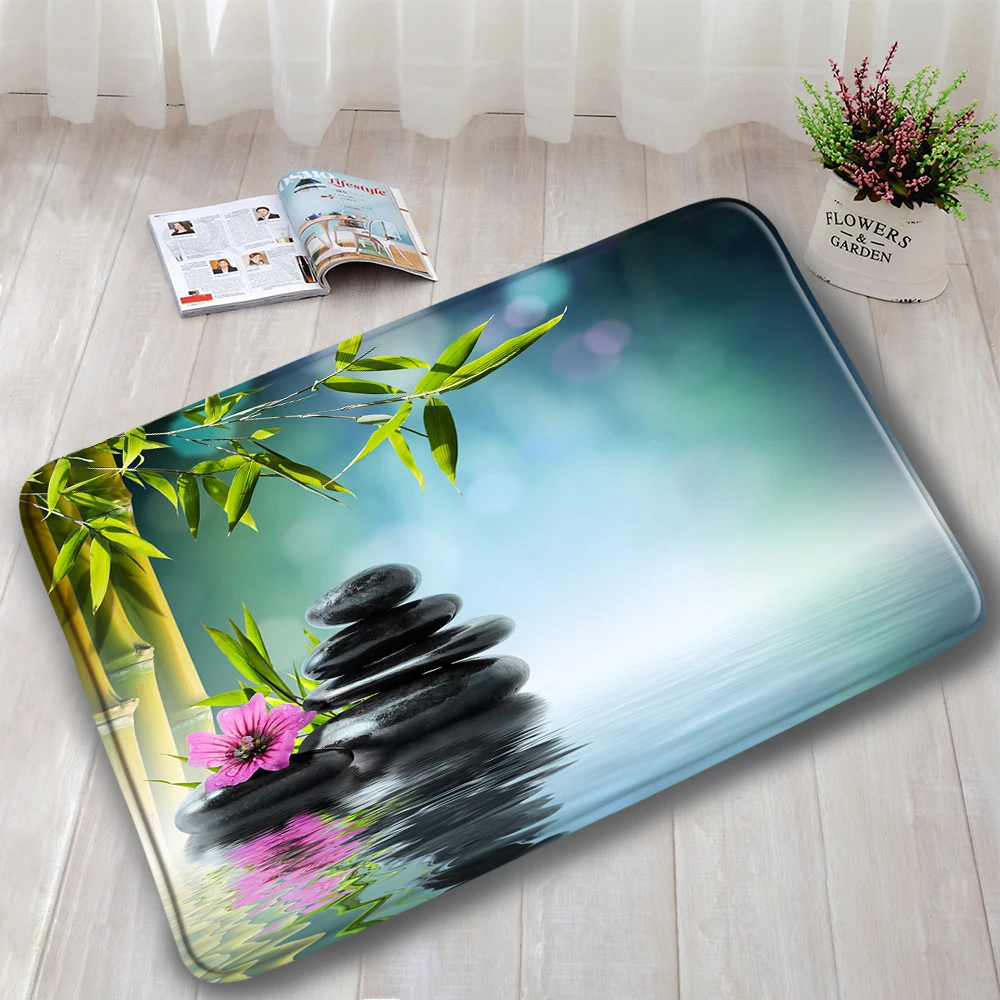 Green Bamboo Black Stone Orchid Zen Bath Mat Water Candle Buddha Modern Home Door Rug Kitchen Bathroom Decor Non-Slip Pad Carpet