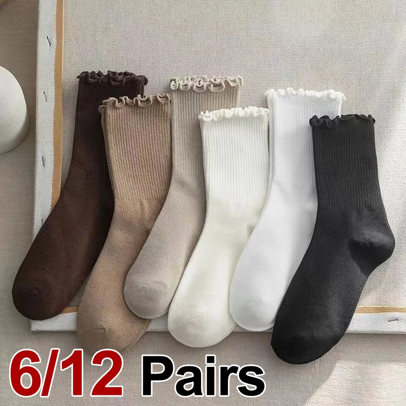 6/12 pares de calcetines de tubo medio con borde ondulado de color sólido para mujer, calcetines informales transpirables y cómodos de estilo dulce a la moda para primavera y verano