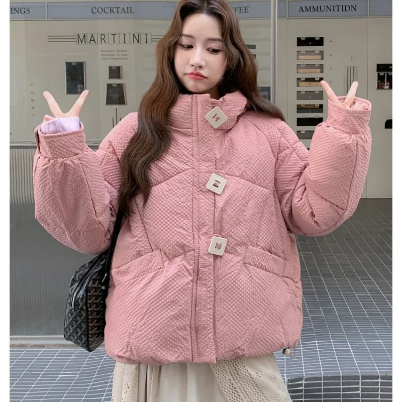 

Women Pink Waffle Texture Hooded Cotton Coat Women Square Buckle Zip Up Thumb Hole Cuffs Warm Short Winter Daily Padded Jacket