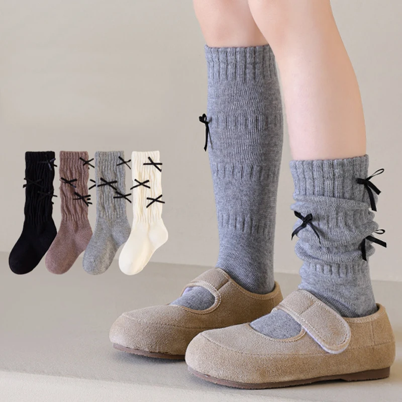 Girls Long Socks Solid Color Sweet Bow Kids Long Sock Girls Student Socks For Girls Warm Girls Stocking For 1-12 Year