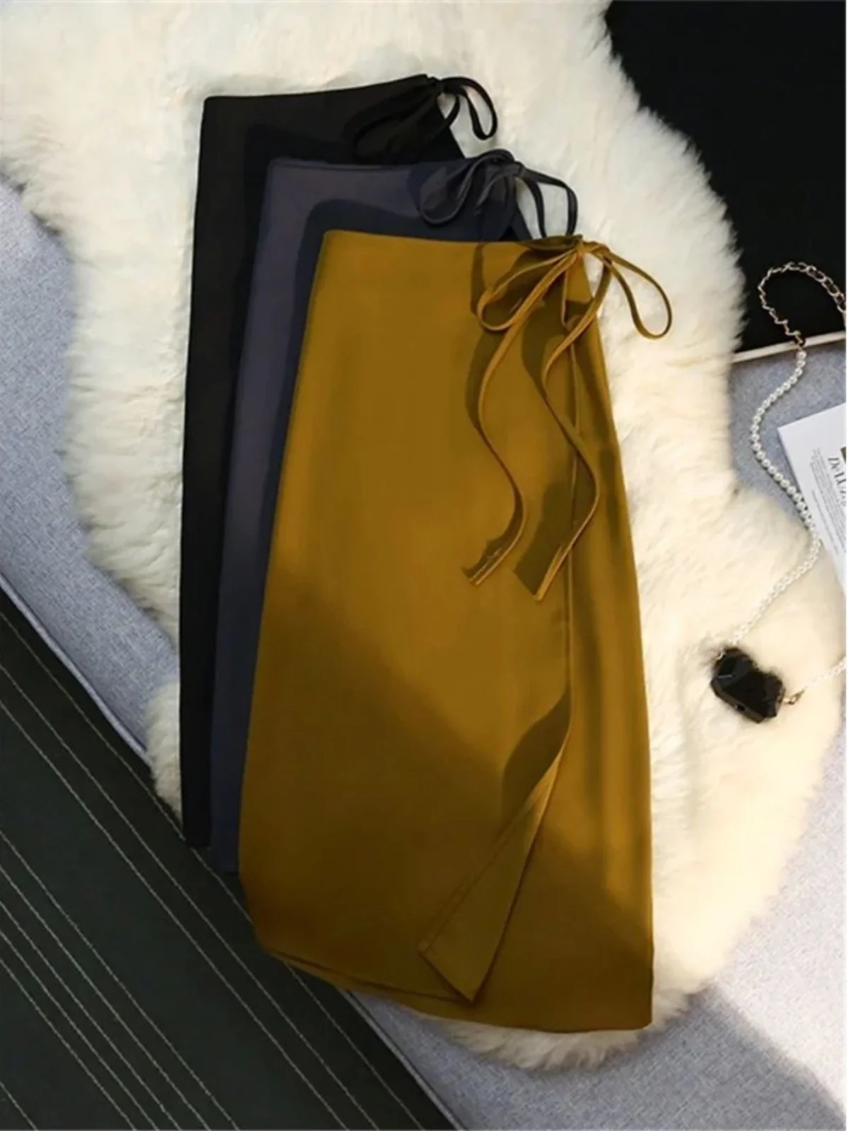 تنورة عالية الخصر غير منتظمة بلون نقي، تنورة طويلة على شكل حرف A، تنانير نسائية فاخرة