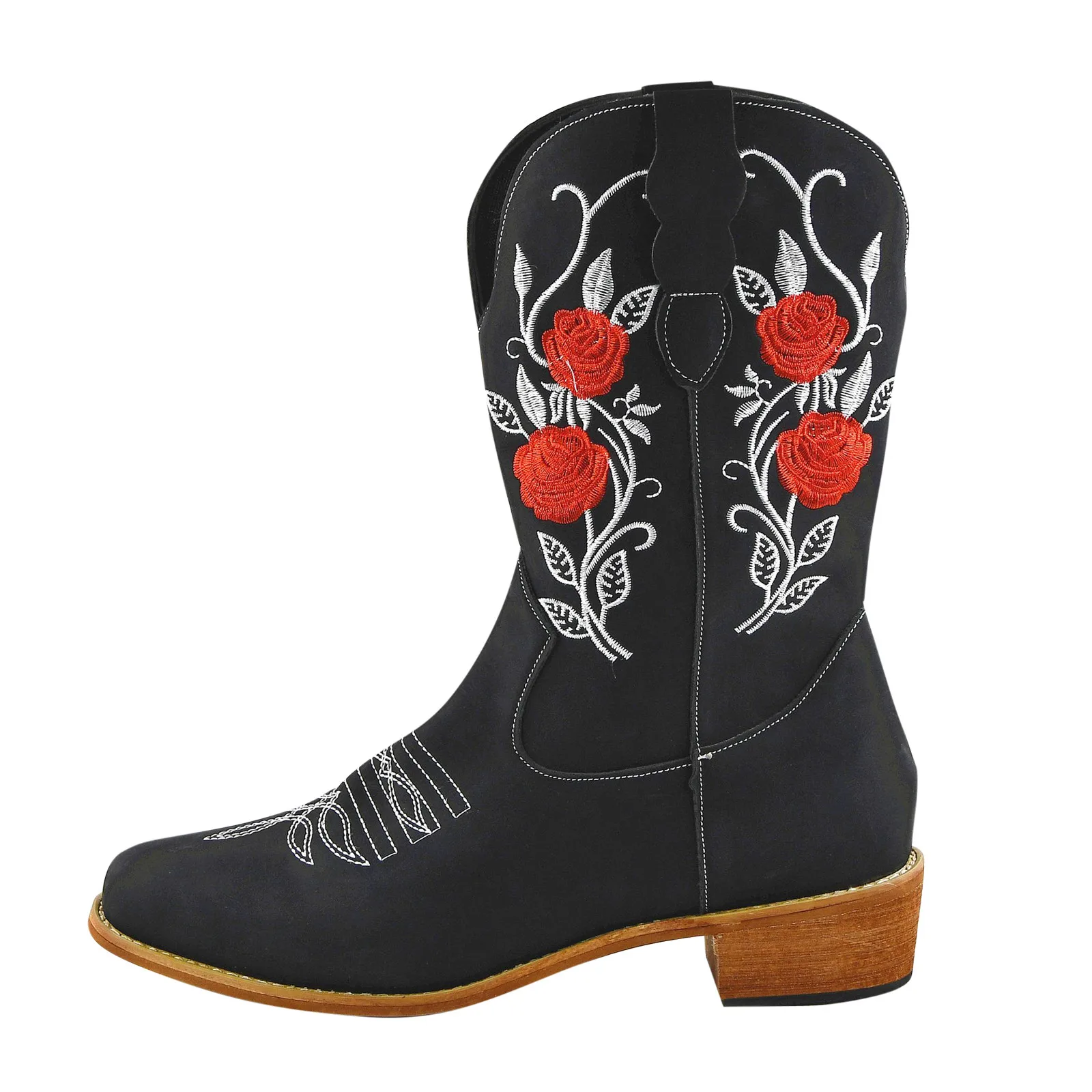 Women Cowboy Boots Retro Red Flower Embroidered Low Heel Square Toe Slip On Boots High Quality Fashion Booties Autumn Winter