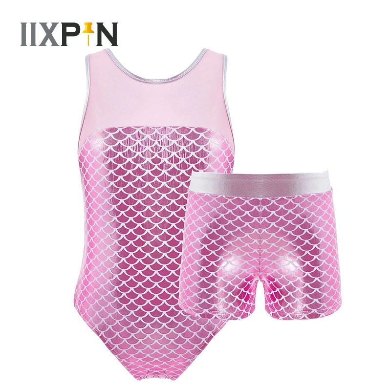 

Kids Girls Ballet Dance Wear Sleeveless Mesh Patchwork Dance Gymnastics Leotard With Shorts Set Ballerina Performance Costume