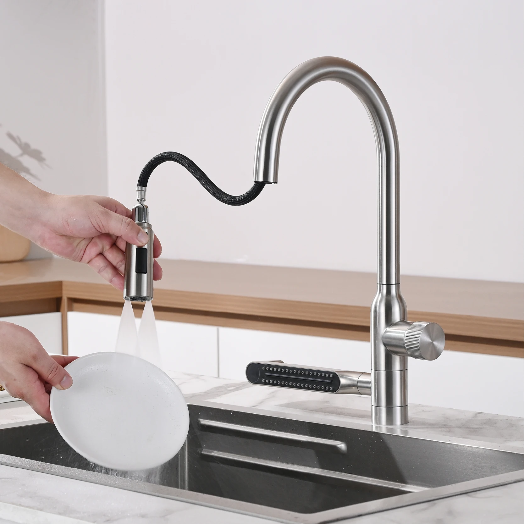 Brushed Nickel 304 Stainless Steel Pull‑Out Kitchen Sink Faucet 1 Hole Single Handle Hot Cold Water Mixer Tap Deck Mounted Tap