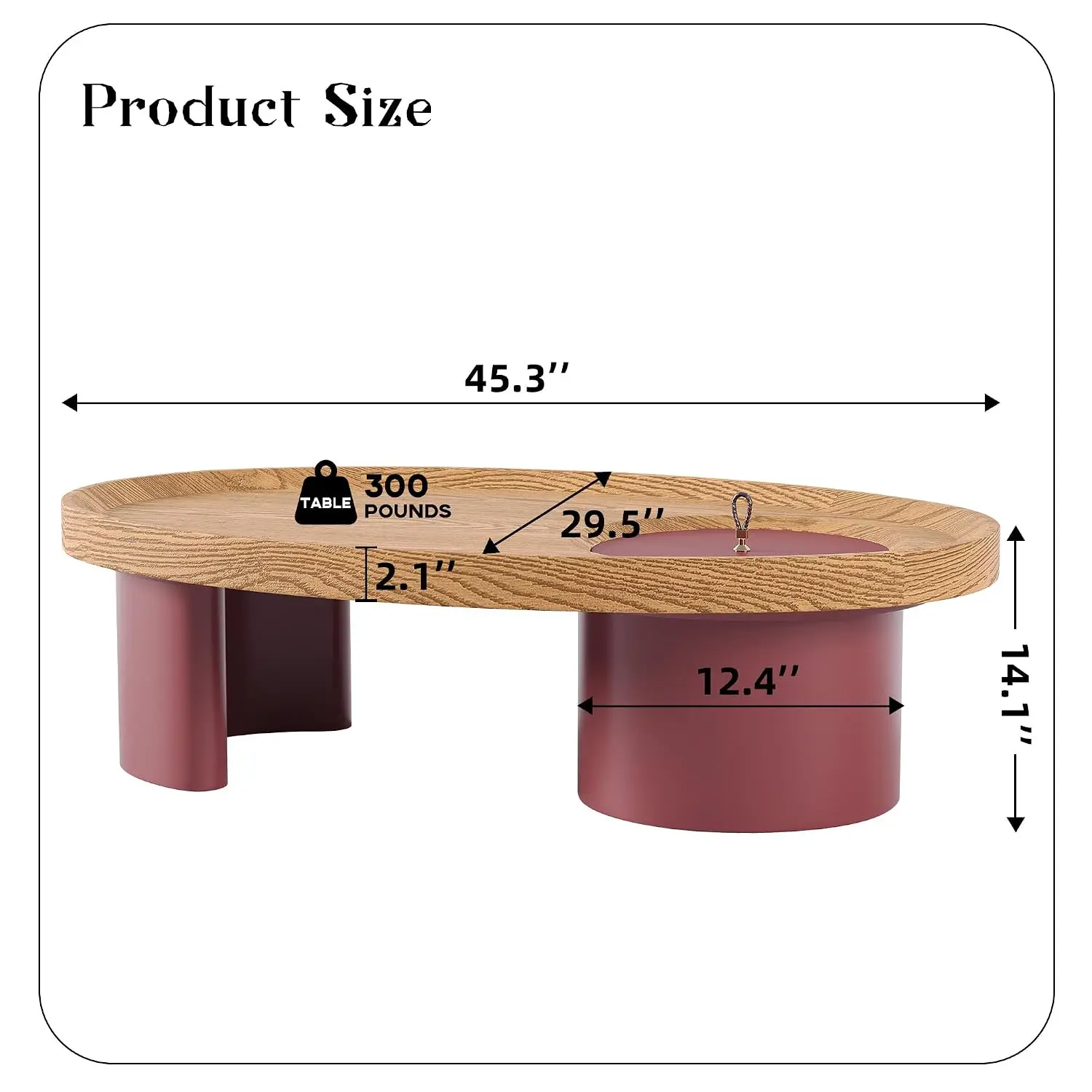Oval Coffee Table Bucket Storage Mid-Century Modern Walnut Top Red Legs, Customized