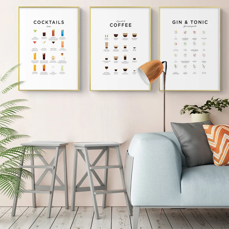 Modern Vodka Cocktails Coffee Gin &Tonic Poster and Print Canvas Painting Wall Art Picture for Living Room Restaurant Decor