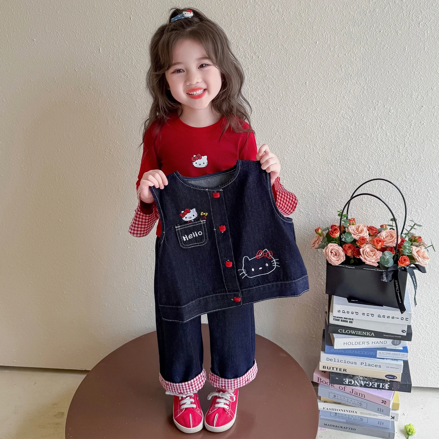 

3Pcs Kawaii Sanrio Hello Kitty Sleeveless Pants Waistcoat Set Autumn New Girls Children's Jeans Vest Kids' Cartoon Clothing Gift