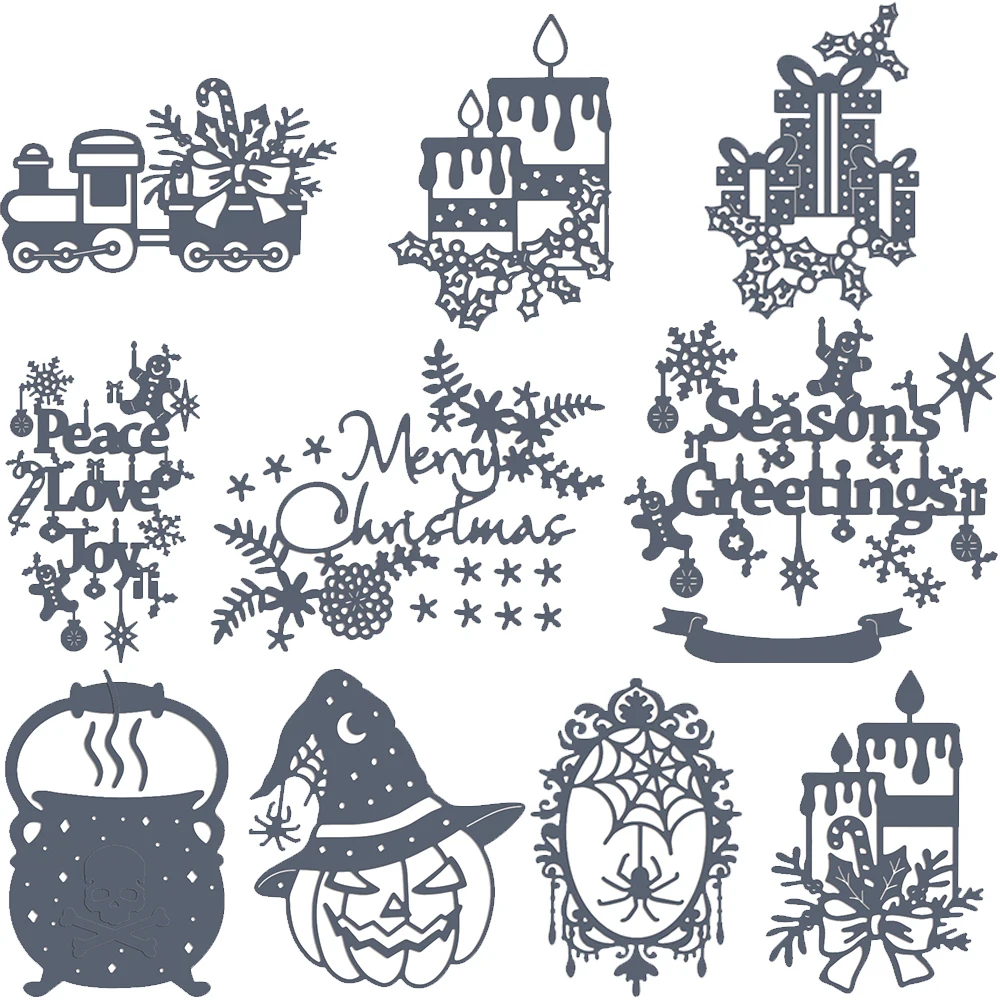 

Merry Christmas Seasons Greetings Words Metal Cutting Dies Gift Box Candle Cart Ornament Dies Halloween Monster Die Cut DIY 2022