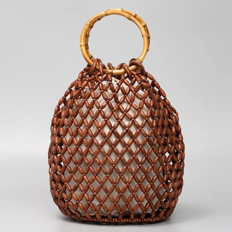 Bolso de mujer con cuentas de madera tejidas a mano de gran capacidad, bolso Retro para ir al trabajo, bolso de cubo, bolso de playa de verano