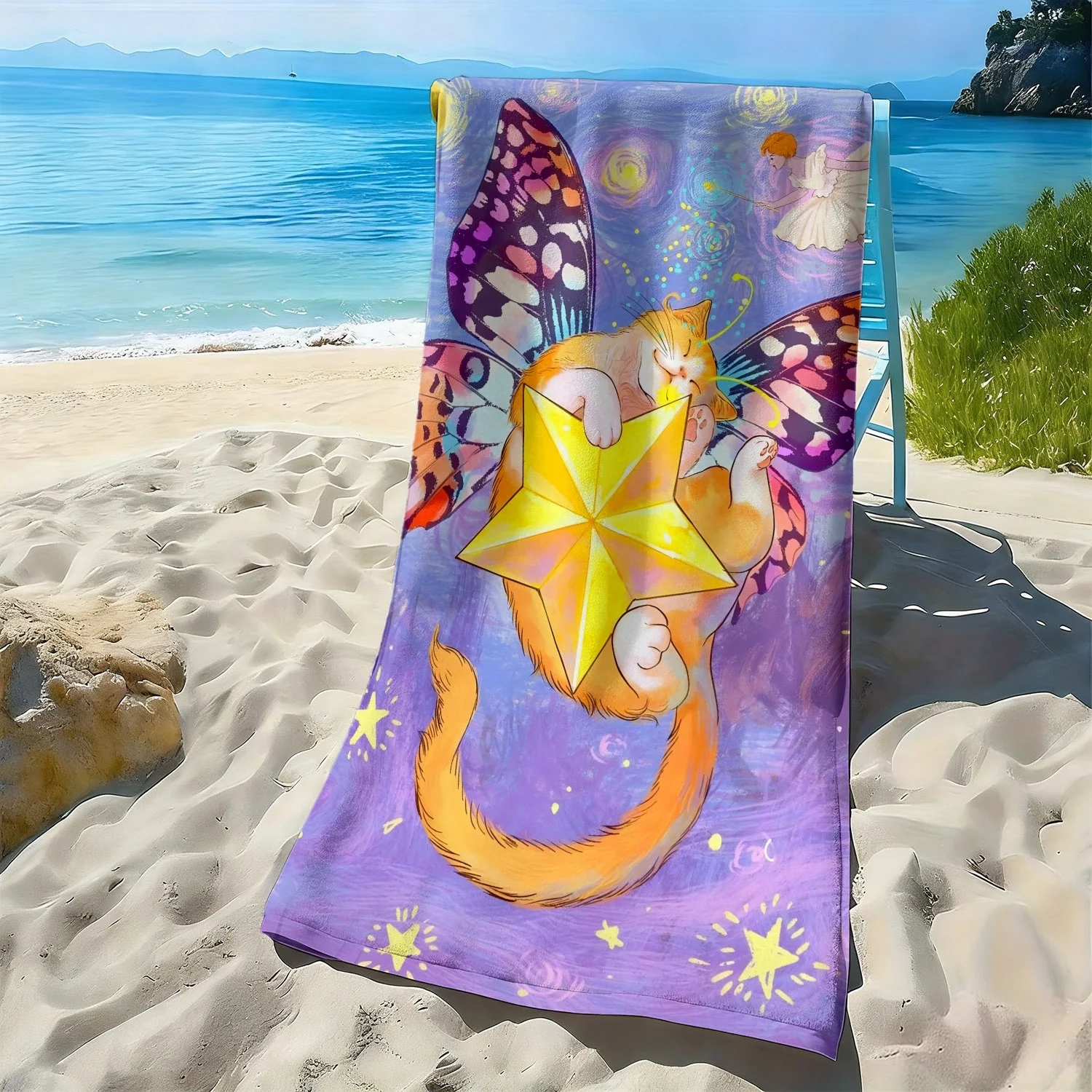 

Dreamy cartoon cats and fairy patterns polyester microfiber beach towel is highly absorbent, suitable swimming and beach outings