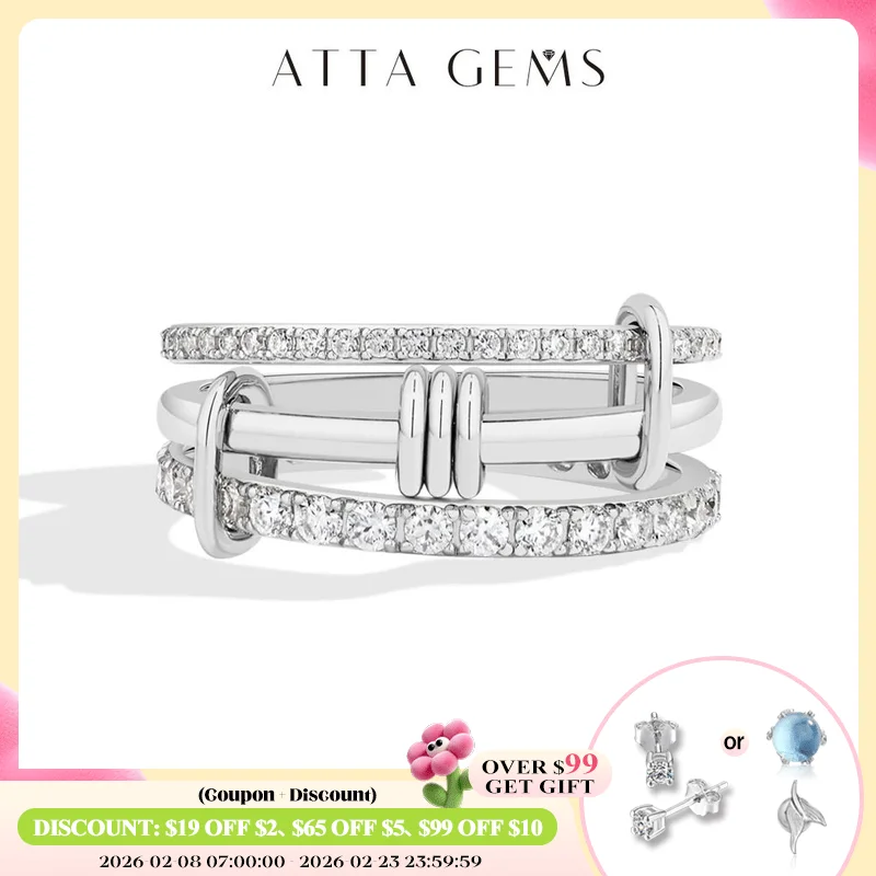 

ATTAGEMS трехслойное кольцо с муассанитом из стерлингового серебра 925 пробы, сложенные кольца, новогодние модные вечерние подарки для женщин и мужчин, ювелирные изделия