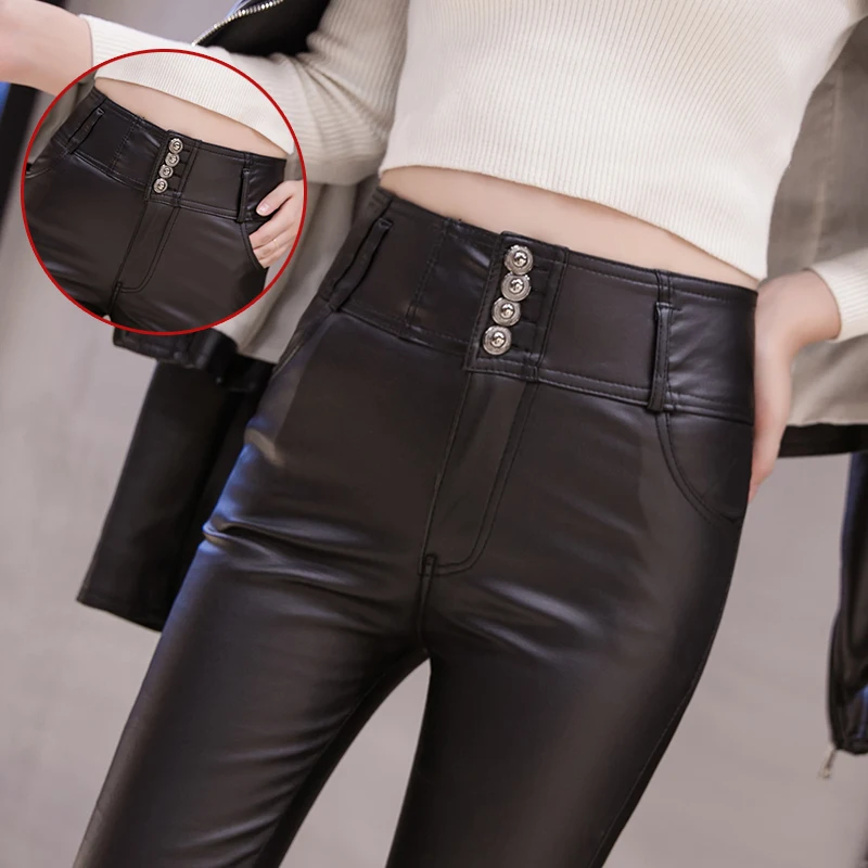 ハイウエスト裏起毛レディースレザーパンツ 2024年新作 ペンシルカットベースレイヤーパンツ 秋冬アウター