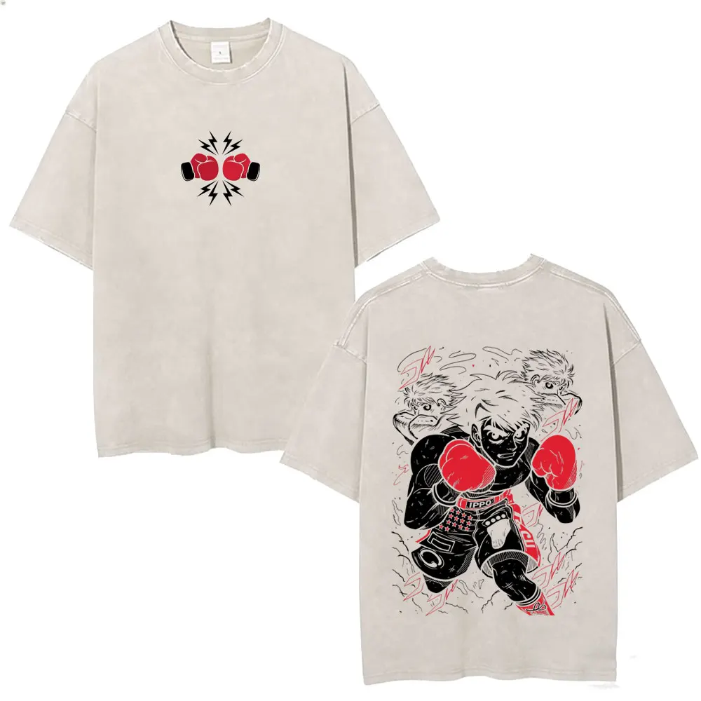 Hot Anime Hajime No Ippo Kamogawa Boxing Gym Vintage Washed T-shirt Makunouchi Takamura KGB T Shirts Men Cartoon Manga T-shirts