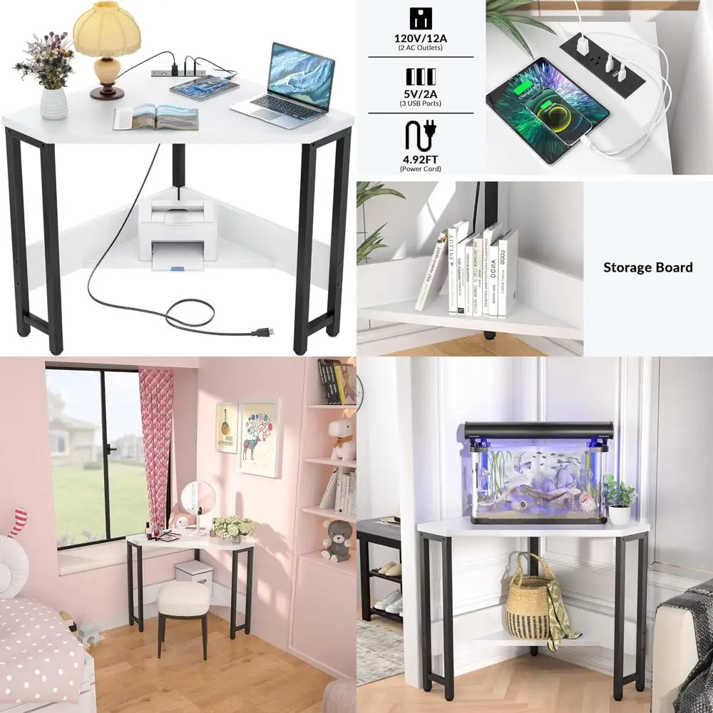 Compact Corner Desk with USB Ports for Small Spaces - Triangle-Shaped Computer Desk with Storage and Outlets