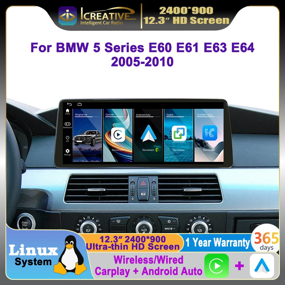 12.3 inch Linux Wireless Carplay Android Auto Car Multimedia Player For BMW 5 Series E60 E61 E63 E64 2005-2010 CCC CIC Navi GPS
