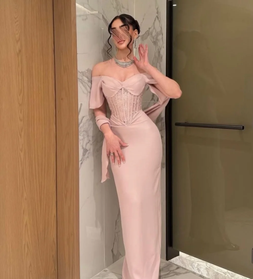 

Customized Intricate Modern Style Jersey Beading Sequined Straight Off-the-shoulder Long Dresses Evening Dresses Sizes Available