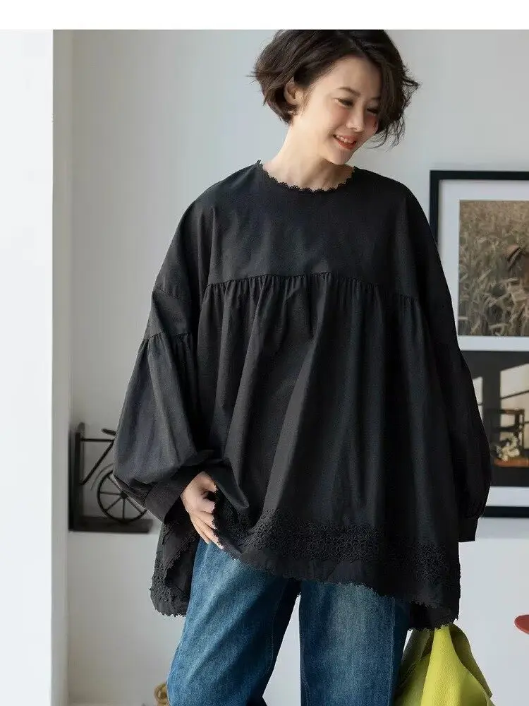 

2026 Spring Autumn New Fashion Chiffon Womne's Blouse Round Neck Lace Puff Sleeve Loose Relax Fit Embroidered Cute Shirt Female