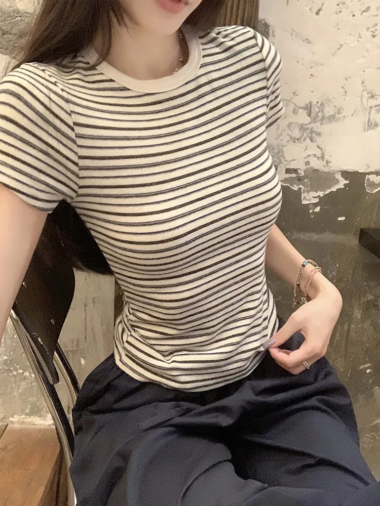 Striped Skinny Crew Neck Cropped Top Pullover T Shirts Women Short Sleeve Tees Summer Spring Tshirts Streetwear Roupas Feminina