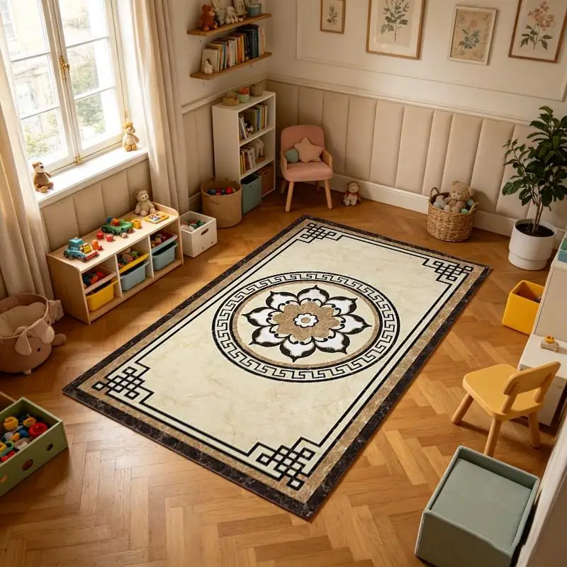Chinese Style Marble Floral Medallion Carpet Flooring, Square Waterjet Inlay Area Rug for Entrance Hall Decor