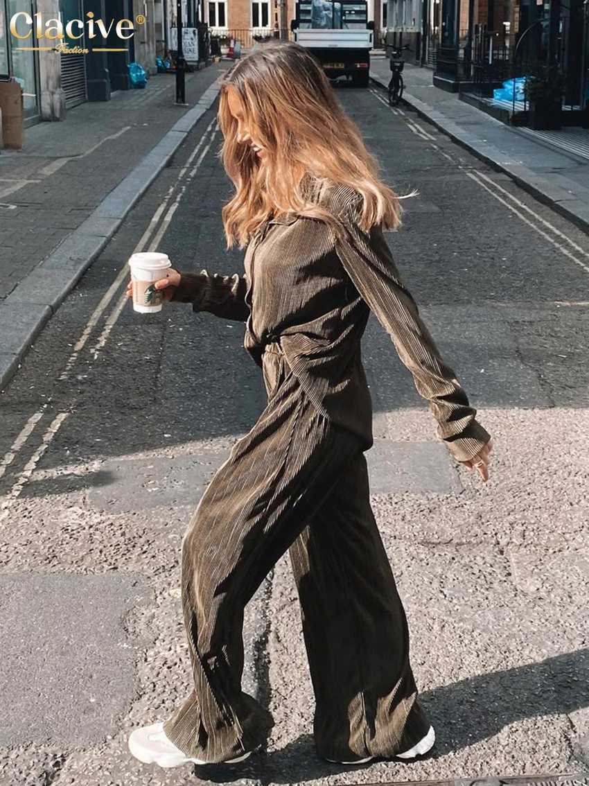 Clacive Casual Losse Shirts Broek Set Vrouw 2 Stuks Elegant Bruin Hoge Taille Broek Past Mode Geplooide Thuis Wijde Broek suits