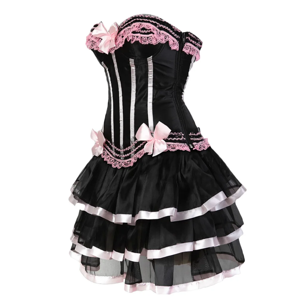 Burlesque Dancer Dress Striped Floral Lace Up Overbust Corsets Bustier with Skirt Set Tutu Corselet for Women Plus Size Costume