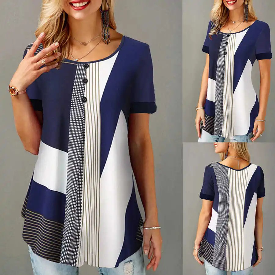 

Loose round Ne Button ort Sve T-irt Women's plus Size Overhead Print New Arrival 2024 Wi Casual Faion Top