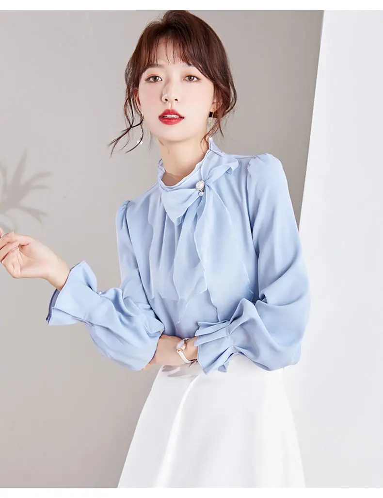 2024 Spring Summer Women Shirt Beading Bow Blouse Work Casual Tops Chiffon Blouse Elegant Loose Female White Business Shirts 3XL