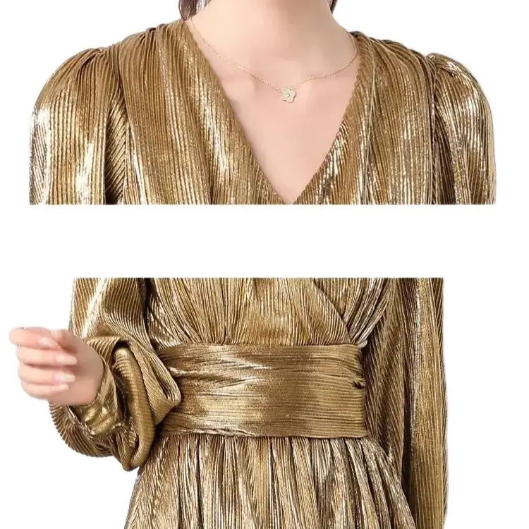 Autumn Winter Luxury Folds Wedding Formal Occasion Dress For Women's V-Neck Long Lantern Sleeve A-Line Pleated Party Shine Robe