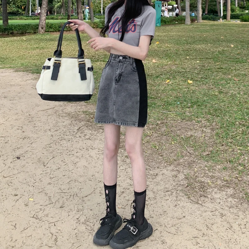 

High Waist A-Line Skirt Women's Denim Patchwork Color Blo Vintage Versatile plus Size Slimming ort Skirt