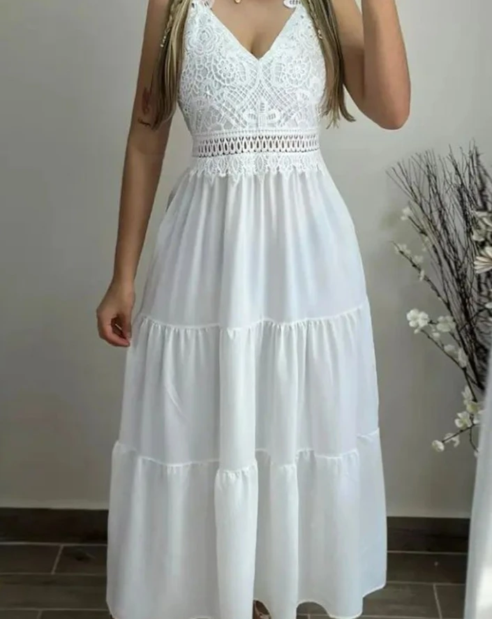 

2024 Summer Vacation Elegant Women Dress Casual Daily Solid V-Neck Spaghetti Strap Contrast Lace Hollow Out Smock Maxi Dress