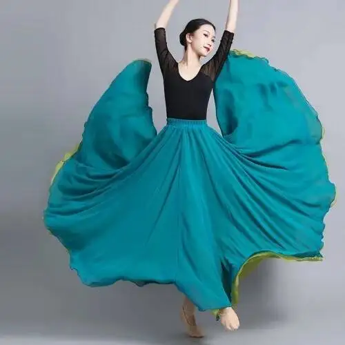 Flamenco Chiffon Dansrok Dames 720 Graden Effen Kleur Lange Rokken Danser Oefenkleding Chinese Stijl Rok met Grote Zoom