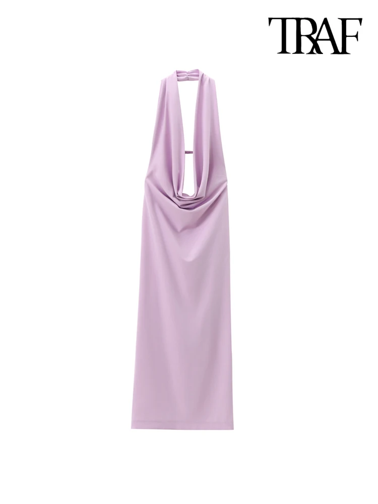 TRAF-Women's Draped Halter Midi Dress, Plunging Cowl Neck, Backless, Party, Female Dresses, Sexy Fashion