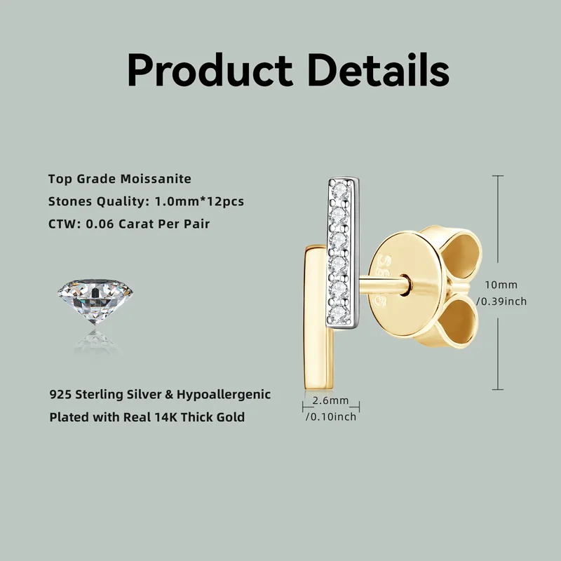 IOGOU D0.03CT VVS1 Moissanite Bar Stud Earrings for Women Real 925 Silver Fashion Geometric New Earrings Engagement Wedding Gift image 6