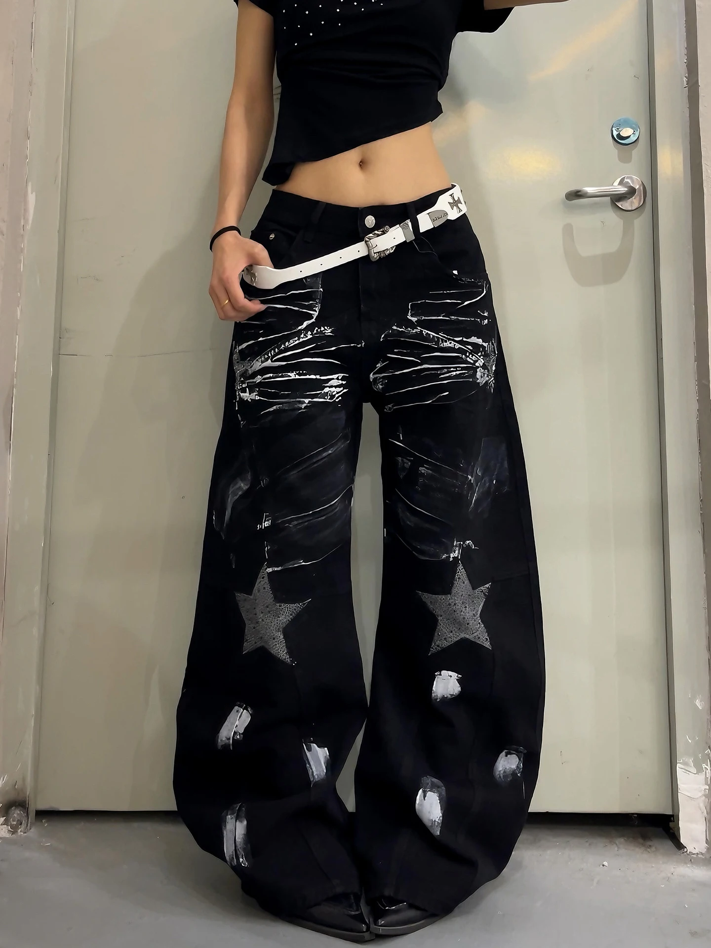 

Heavy Du Street Sle Jeans Glittering Stars Loose Fit for Men And Women Casual Comfortable Breathable Bla Denim Pants
