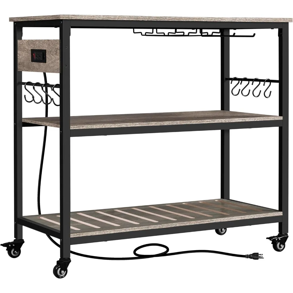 

Kitchen Island Cart with Power Outlet, Kitchen Carts on Wheels with Storage, 3-Tier Microwave Stand with Foodpads, Gla