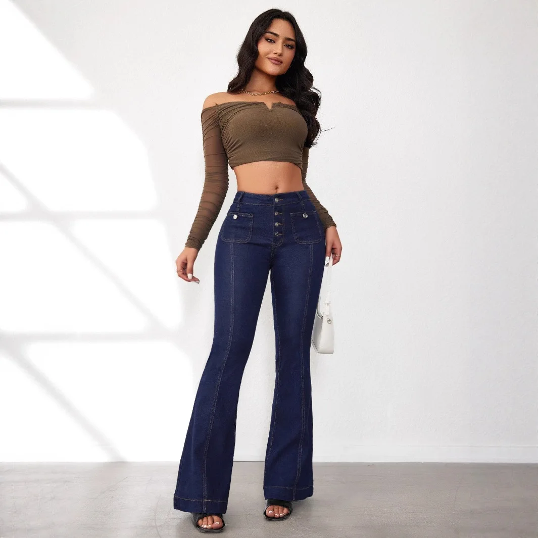 Flare Pants Jeans Women Boot Cut High Waist Stretch Button Vintage Denims Washed Distressed Pockets Female Trousers 2025