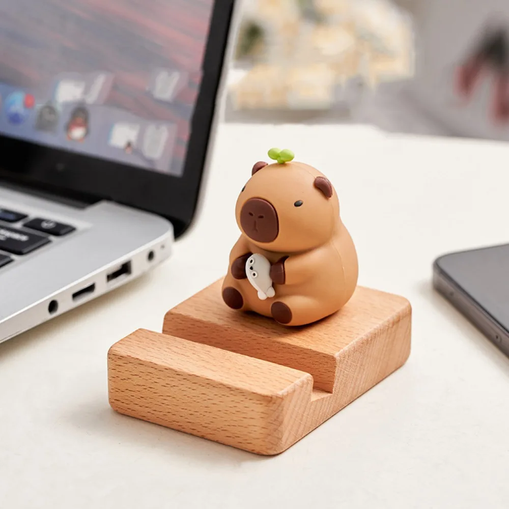 Figure Model Capybara Phone Holder PVC Doll Support Capybara Mobile Phone Stand Desk Decor Wooden Capybara Cell Phone Bracket