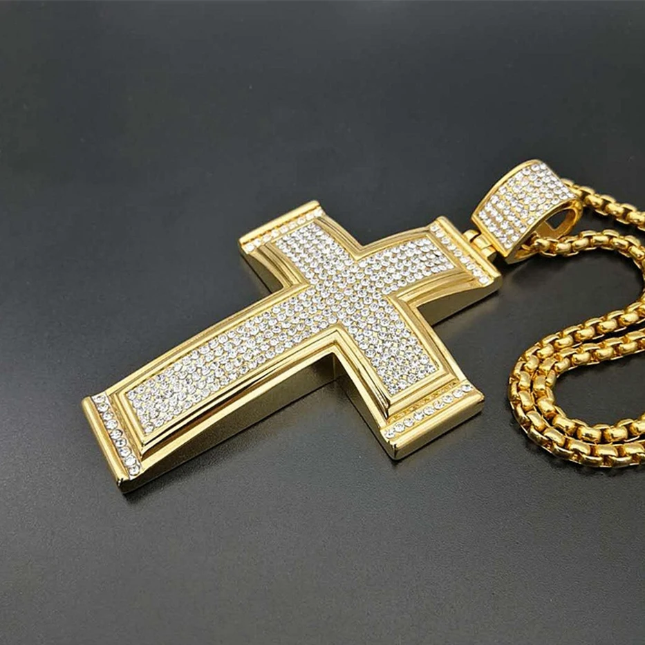 Hip Hop Iced Out Big Cross Pendant Necklace For Men Gold Color Stainless Steel Rhinestone Necklace Hiphop Christian Jewelry